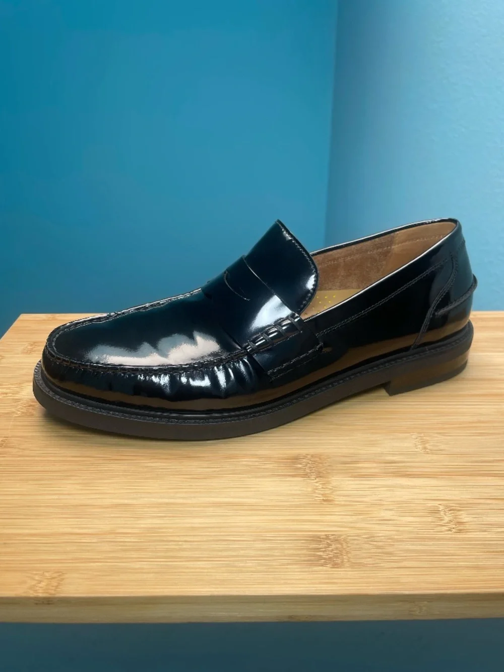 Cole Haan Mens Pinch Prep Penny Loafers Sz 10.5 Patent Leather Black Moc Toe EUC